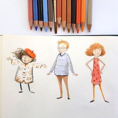 a drawing of three people standing next to each other with colored pencils in the background