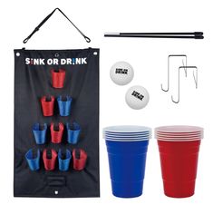 an assortment of plastic cups and ping pong paddles are displayed on a white background