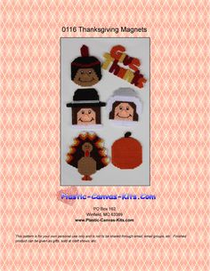 Stitch up these six fun magnets for Thanksgiving (Pilgrim boy, Pilgrim girl, Indian, turkey, Give Thanks, and pumpkin). Made with 7-count plastic canvas and worsted weight yarn. Skill Level: Easy PDF Download is available as soon as you buy the product. PDF viewing software such as Acrobat is needed to view patterns. Pattern by Mail comes to directly to you via USPS. We put all out patterns in a plastic protective sleeve for added protection when mailed. A Kit includes everything needed to make Patterns For Plastic Canvas, Thanksgiving Plastic Canvas, Plastic Canvas Kits, Thanksgiving Crafts Diy, Thanks Words, Fun Magnets, Holiday Canvas, Plastic Canvas Books, Turkey Pattern