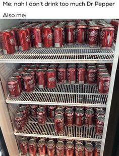 a refrigerator filled with lots of red cans