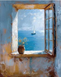 an oil painting of a window with a sailboat in the water and yellow flowers