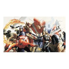 an image of the avengers movie scene with many characters in action, including captain america and iron man