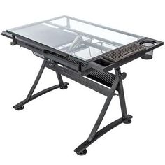 a computer desk with a glass top and metal frame on it's legs, against a white background