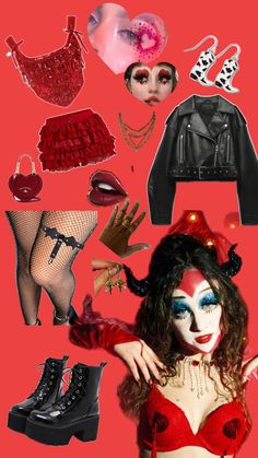 a collage of different types of clothing and accessories on a red background with text