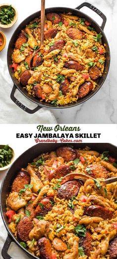 two pictures showing different types of food in a pan with the words easy jambalya skillet