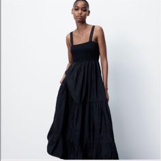 Zara Dress Elegant Ruched Maxi Sundress, Elegant Ruched Maxi Length Sundress, Black Ruched Sleeveless Midi Dress, Black A-line Midi Dress With Ruched Detail, Black Ruched A-line Midi Dress, Black Sleeveless Midi Dress With Ruffles, Elegant Ruched Sundress, Elegant Casual Ruched Sundress, Elegant Black A-line Sundress