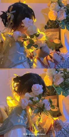 two pictures of flowers and lights in front of a woman's head with long hair