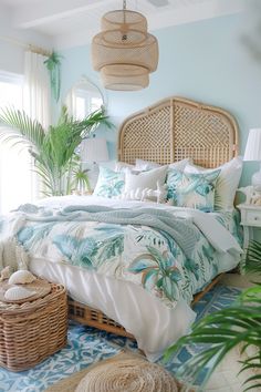 a bed in a bedroom with blue walls and palm leaves on the comforter next to it