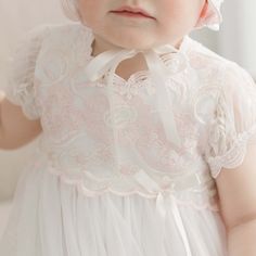 Cotton Baptism Gown - Joli Christening Gown - ChristeningGowns.com – Baby Beau and Belle Feminine Lace Gown With Lace Trim, Spring Lace Baptism Dress With Lace Collar, Elegant Pink Gown For Baptism, Spring Ceremony Lace Dress, White Feminine Gown With Lace Trim, Feminine White Gown With Lace Trim, Spring Baptism Dress With Lace Collar, Pink Tulle Lace Dress With Lace Trim, Pink Gown With Lace Bodice For Spring