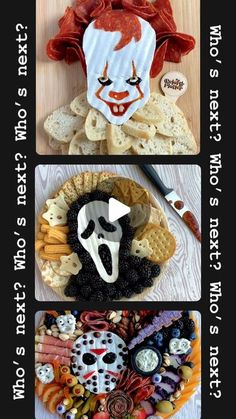 three different pictures with some food in the shape of clowns and other things on them