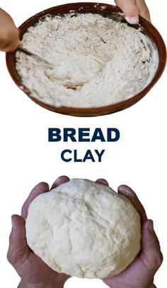 two hands holding a bowl with bread in it and the words bread clay above them