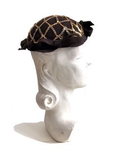 "an beautiful original 1940's brown felt sequin cap hat with great details this glamorous tilt hat is made of chocolate brown wool felt covered with shimmering gold sequins in a lattice pattern. it is also adorned with 4 large felt bows around the rim. stamped on the inside : U.S.A 100 % wool Fijn-Felt Mohn Brothers Company in excellent vintage condition, no flaws to mention, no holes, no tears, no wear. very clean and ready to wear. measurements: The hat is one size. wide across : 7 1/2\" item Vintage Costume Hats With Structured Crown For Party, Vintage Party Costume Hat With Structured Crown, Vintage Costume Hat With Pinched Crown For Party, Vintage Evening Hat With Structured Crown, Vintage Hat With Structured Crown For Parties, Vintage Party Hat With Structured Crown, Gold Vintage Hats For Vintage Events, Vintage Brown Mini Hats For Party, Fitted Vintage Gold Headpiece