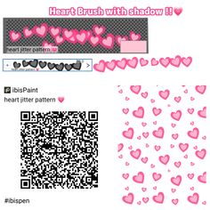 some pink hearts on a white background and a qr code with the words heart brush with shadow