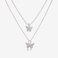 Included: 2 Necklace(s)Features: In A Gift Box, Nickel FreeJewelry Closure: Lobster ClaspLink Construction: SemisolidShape: ButterflyStone Cut: RoundStone Millimeter Measurement: 1.2 Mm Length, 1.2 Mm WidthMetal Color: Silver ToneChain Length: 16 InchChain Width: 1.1 MillimetersExtender Length: 2 InchPendant Length: 15.2mmPendant Width: 12mmChain Construction: LinkCare: Wipe CleanStone Type: 12 Cubic ZirconiaMetal: Pure Silver Over BrassNecklace Type: Necklace SetsCountry of Origin: Imported Silver Butterfly Necklace With Adjustable Clavicle Chain, Adjustable Silver Butterfly Necklace With Clavicle Chain, Pendant Charm Necklace With Double Chain For Gift, Silver Dainty Charm Necklace With Double Chain, Silver Dainty Double Chain Charm Necklace, Gift Silver Layered Necklace With Double Chain, Silver Double Chain Layered Necklace As Gift, Dainty Silver Charm Necklace With Double Chain, Silver Double Chain Jewelry As Gift