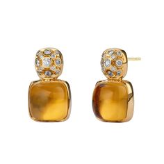 18 karat yellow gold Gemstones 10-15 carats approx. Diamonds 0.30 carat approx. Omega backs for pierced ears Length 0.7 inch / Width 0.4 inch approx. Golden Fashion, Cabochon Earrings, Topaz Color, Gold Moon, Champagne Diamond, White Quartz, Orange Gold, Sparkle Diamonds, Pierced Ears