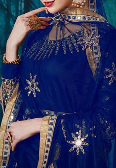 Embroidered Georgette Abaya Style Suit in Royal Blue Floor-length Blue Kurta With Zari Work, Blue Floor-length Kurta With Sheer Dupatta, Floor-length Blue Kurta With Sheer Dupatta, Blue Floor-length Kurta With Zari Work, Semi-stitched Blue Sets With Sheer Dupatta, Blue Anarkali Set For Eid, Blue Anarkali Set Saree For Eid, Blue Sets With Sheer Dupatta For Festive Occasions, Unstitched Embellished Blue Sharara