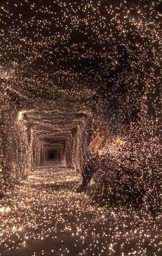 a person sitting in the middle of a tunnel with lights on it's sides