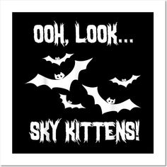 a black and white poster with bats saying ooh look sky kittens