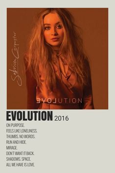 a woman with long blonde hair standing in front of a brown background and the words evolution written on it