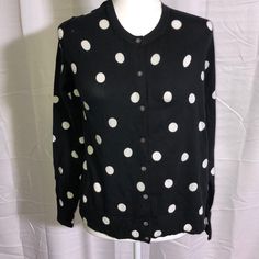 Cute Polka Dot Sweater- Black With White Dots Button Up Or Wear Open Long Sleeves Nwt Cotton, Nylon And Spandex Size Medium Excellent Condition Black Button-up Cardigan With Button Cuffs, Classic Black Cardigan For Daywear, Black Cotton Cardigan With Buttons, Black Cotton Button-up Cardigan, Black Casual Cardigan For Daywear, Casual Black Cardigan For Daywear, Black Casual Daywear Cardigan, Black Cardigan For Daywear, White Cardigan Sweater