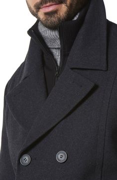 A knit jersey bib adds a contemporary layered look to a water-resistant peacoat that's an outerwear essential. 30 1/2" length (size Medium) Lined 46% wool, 40% polyester, 5% acrylic, 4% nylon, 3% rayon, 2% cotton Dry clean Imported Modern Wool Outerwear For Cold Weather, Charcoal Wool Outerwear For Fall, Fitted Charcoal Outerwear For Winter, Gray Merino Wool Outerwear For Fall, Charcoal Winter Workwear Outerwear, Modern Black Wool Sport Coat, Fitted Merino Wool Outerwear For Layering, Tailored Outerwear For Winter Layering, Modern Gray Wool Outerwear