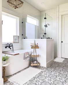 a white bath tub sitting next to a window