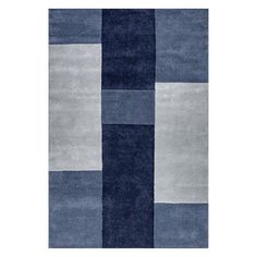 an area rug with blue and grey squares on the side, in front of a white background