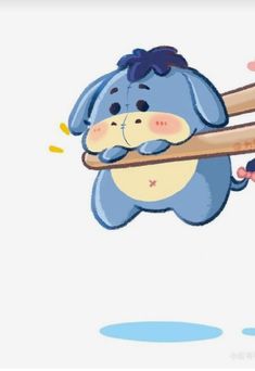 a stuffed animal holding two baseball bats in it's mouth and wearing a blue shirt