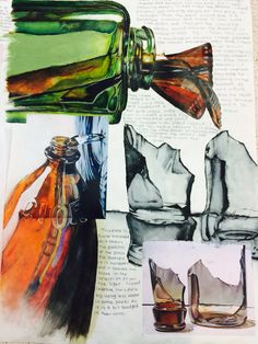 an open book with drawings and pictures of glass bottles on top of it, including ice cubes