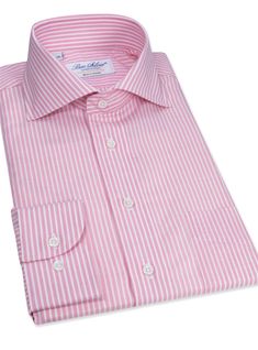 Cotton and Linen Pink and White Stripe Cutaway - The Ben Silver Collection Elegant White Dress Shirt With Striped Collar, Summer Pink Cotton Dress Shirt, Elegant Pinstripe Dress Shirt For Spring, Summer Striped Fitted Dress Shirt, Spring Striped Dress Shirt With Spread Collar, Spring Formal Shirt With Striped Collar, Striped Dress Shirt With Spread Collar For Spring, Spring Formal Shirt With Vertical Stripes, Spring Business Pinstripe Dress Shirt