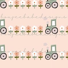 an image of a tractor with flowers on the back and pink wallpaper behind it