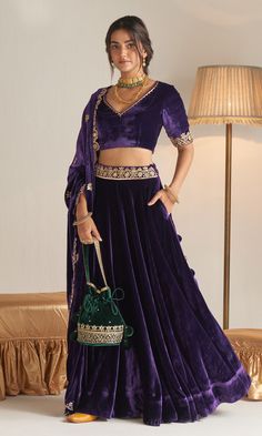 Velvet Blouse And Lehenga, Brinjal Colour Lehenga, Purple Velvet Blouse For Silk Saree, Velvet Ghagra Choli, Lehenga Blouse Designs Velvet, Lehenga Designs Purple Colour, Velvet Chaniya Choli Designs, Velvet Blouse Designs Indian Lehenga Choli, Velvet Blouse For Lehenga