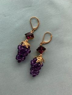 New Necklace Designs, Grape Earrings, Crystal Stones, Square Earrings, Cluster Earrings, Gold Plated Earrings, Amethyst Crystal, Earrings Handmade, Stones And Crystals