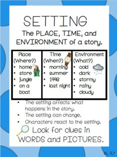 a poster with words and pictures on it that say setting the place, time, and environment of a story