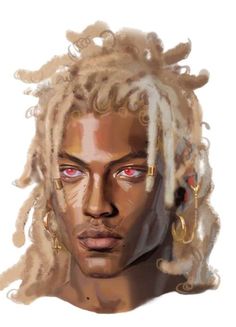 a drawing of a man with dreadlocks on his head and red eyes in front of white background