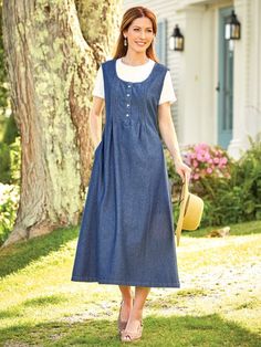 Our Every-Season Pintuck Jumper: Now Available in 100% Cotton Denim Tartan Plaid Dress, Vermont Country Store, Muumuu Dress, Denim Jumper, Jersey Knit Dress, Cotton Jumper, Country Store, Rayon Dress, Long Sleeve Turtleneck