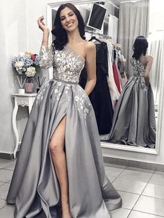 A-Line/Princess Sleeveless One-Shoulder Sweep/Brush Train Applique Satin Dresses Fancy Prom Dresses, Dresses Sleeves, Sukienki Maksi, Split Prom Dresses, Grey Prom Dress, Satin Evening Gown, One Shoulder Prom Dress, Prom Dresses Elegant, Prom Dresses With Pockets