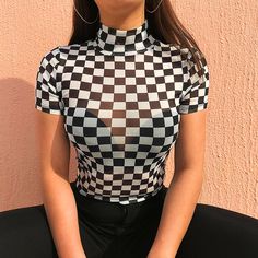 Free Shipping-CHECKER MESH TOP on Storenvy Trendy Short Sleeve Mesh Top, Trendy Mesh Short Sleeve Tops, White Stretch Top For Club, Y2k Style Black Mesh Top For Summer, Y2k Black Mesh Top For Summer, Black Y2k Mesh Top For Summer, Y2k Short Sleeve Club T-shirt, Fitted 90s Style Summer Tops, Y2k Mesh Top With Graphic Print