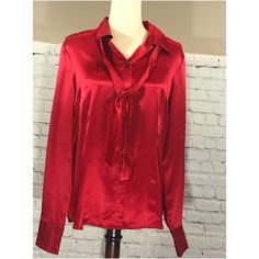 Satin Red Blouse Includes Matching Tie (Brand New!!!) Elegant Red Blouse For Night Out, Spring Formal Red Blouse, Red Shirt For Spring Party, Red Party Shirt For Spring, Chic Red Party Shirt, Red Satin Party Blouse, Red Button-up Blouse For Party, Red Fitted Silk Blouse, Red Satin Blouse