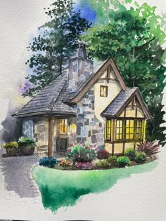 a watercolor painting of a house in the woods