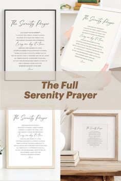 the full serenity prayer is displayed on a table