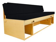 a wooden bench with two drawers on it's sides and a black seat cushion