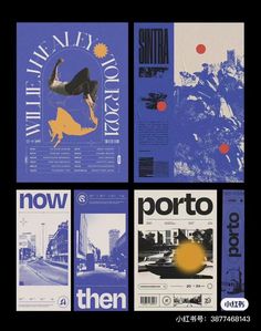 four different posters are shown together in blue and yellow colors, with the words port to then printed on them