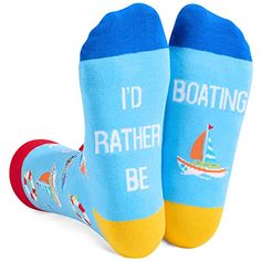 Boat SocksThe blue boating socks feature images of boats, anchors, life preservers, and the words "I'D RATHER BE BOATING" on the soles of the feet.Size & PackageOur unisex design fits most men's US size 6-13 feet and most women's US size 7 and up. Each pair of funny socks comes in a plastic zippered bag.Quality MaterialOur novelty socks are made of 80% combed cotton, 17% polyamide, and 3% spandex to ensure they are soft, comfortable, stretchy, and breathable.Boating GiftsBoating socks cou... Boat Owner Gift Basket, Boat Puns, Casual Crew Neck T-shirt For Boating, Summer Crew Neck T-shirt For Boating, Gifts For Boat Owners, Gifts For Boaters, Graphic Print Crew Neck T-shirt For Boating, Gifts For Baseball Players, Baseball Socks