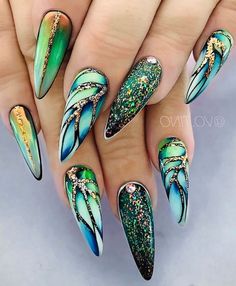 intricate-green-gold-blue-orange-manicure-pink-nail-designs-crystals-drawings-long-stiletto-nails Winter Nails Acrylic, Coffin Nails Designs, Beautiful Nail Art, Fancy Nails, Nail Arts, Creative Nails, Gorgeous Nails, Cute Acrylic Nails, Green Nails