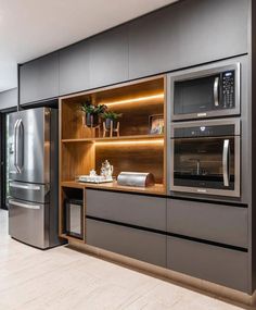 a modern kitchen with stainless steel appliances and cabinets