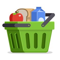 a green plastic basket filled with groceries and juices on top of a white background