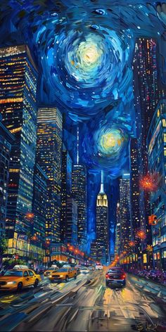 a painting of a city at night with cars driving down the street and stars in the sky