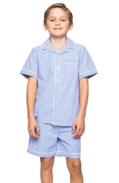 Keep your little one cool and comfy in these short pajamas cut from cotton-blend striped fabric with an airy puckered weave and a cozy brushed softness. Meets Consumer Product Safety Commission's flammability standards for children's sleepwear Top has front button closure; chest patch pocket 50% cotton, 50% modacrylic Machine wash, tumble dry Imported Kids' Wear Striped Cotton Pajama Shorts For Pajama Party, Cotton Short Set For Home In Summer, Striped Sleepwear For Summer Sleepover, Striped Relaxed Fit Sleepwear For Sleepover, Striped Cotton Sleepwear For Home, Striped Summer Sleepwear, Boy In Striped Pyjamas, Striped Cotton Short Sleeve Sleepwear, Boys Blue Pajamas