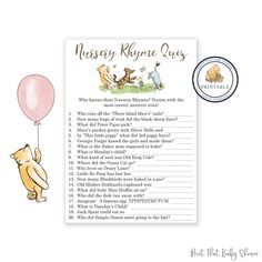 a baby shower game with winnie the pooh holding a balloon and other animals on it